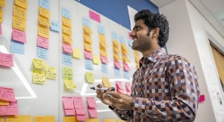 Group transformation colleage puttig post it notes on a white board