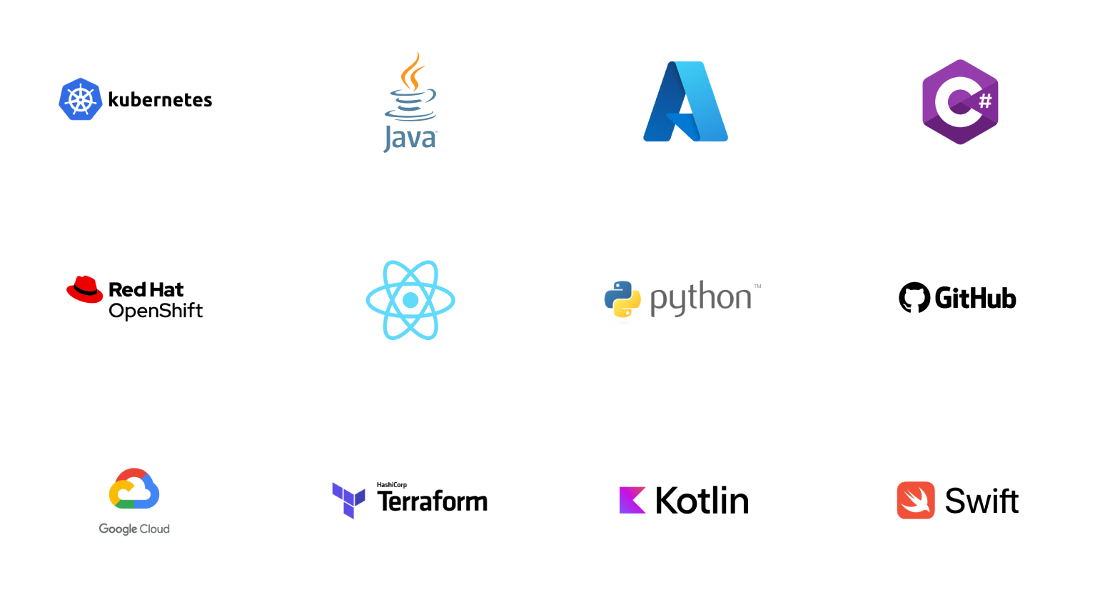 Logos for: Kubernetes, Java, Azure, Swift, Red Hat OpenShift, React, Python, GitHub, Google Cloud, Terraform, Kotlin and C Sharp. 