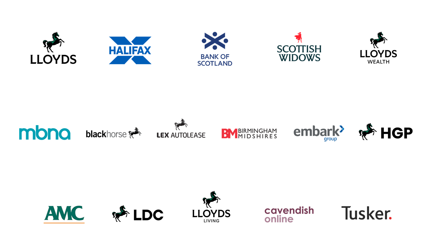 Brand logos for: Lloyds Bank, Halifax, Bank of Scotland, Scottish Widows, Lloyds Wealth, MBNA, Black Horse, Lex Autolease, Birmingham Midshires, Embark Group, HGP, AMC, LDC, Lloyds Living, Cavendish Online and Tusker. 