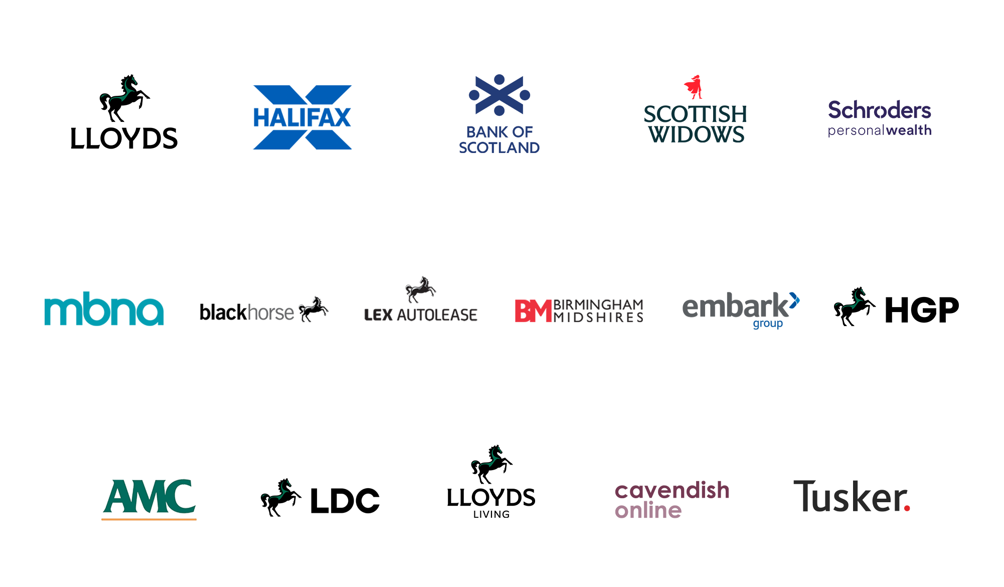 Brand logos for: Lloyds Bank, Halifax, Bank of Scotland, Scottish Widows, Schroders Personal Wealth, MBNA, Black Horse, Lex Autolease, Birmingham Midshires, Embark Group, HGP, AMC, LDC, Lloyds Living, Cavendish Online and Tusker. 