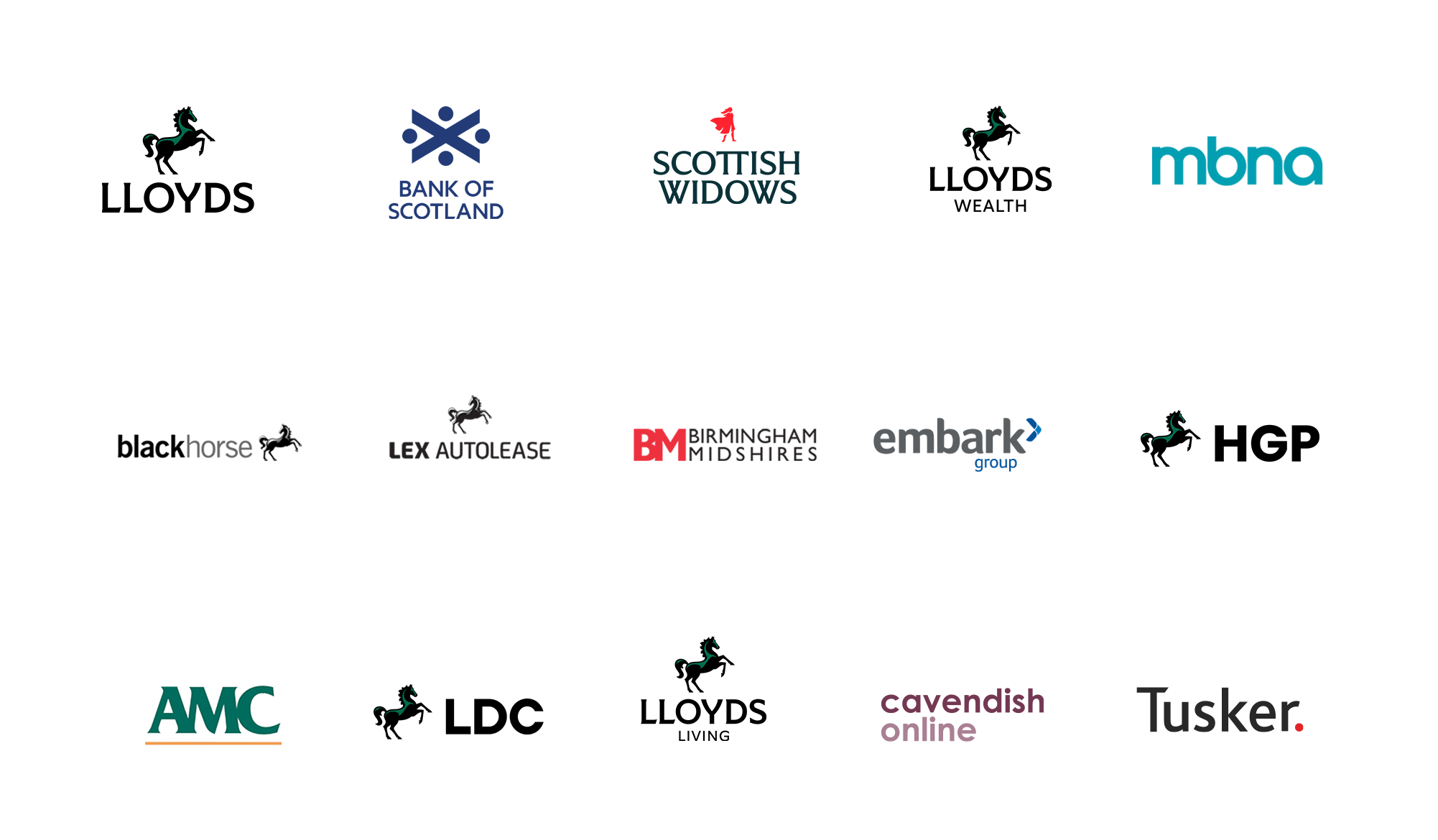 Brand logos for: Lloyds, Bank of Scotland, Scottish Widows, Lloyds Wealth, MBNA, Black Horse, Lex Autolease, Birmingham Midshires, Embark Group, HGP, AMC, LDC, Lloyds Living, Cavendish Online and Tusker. 