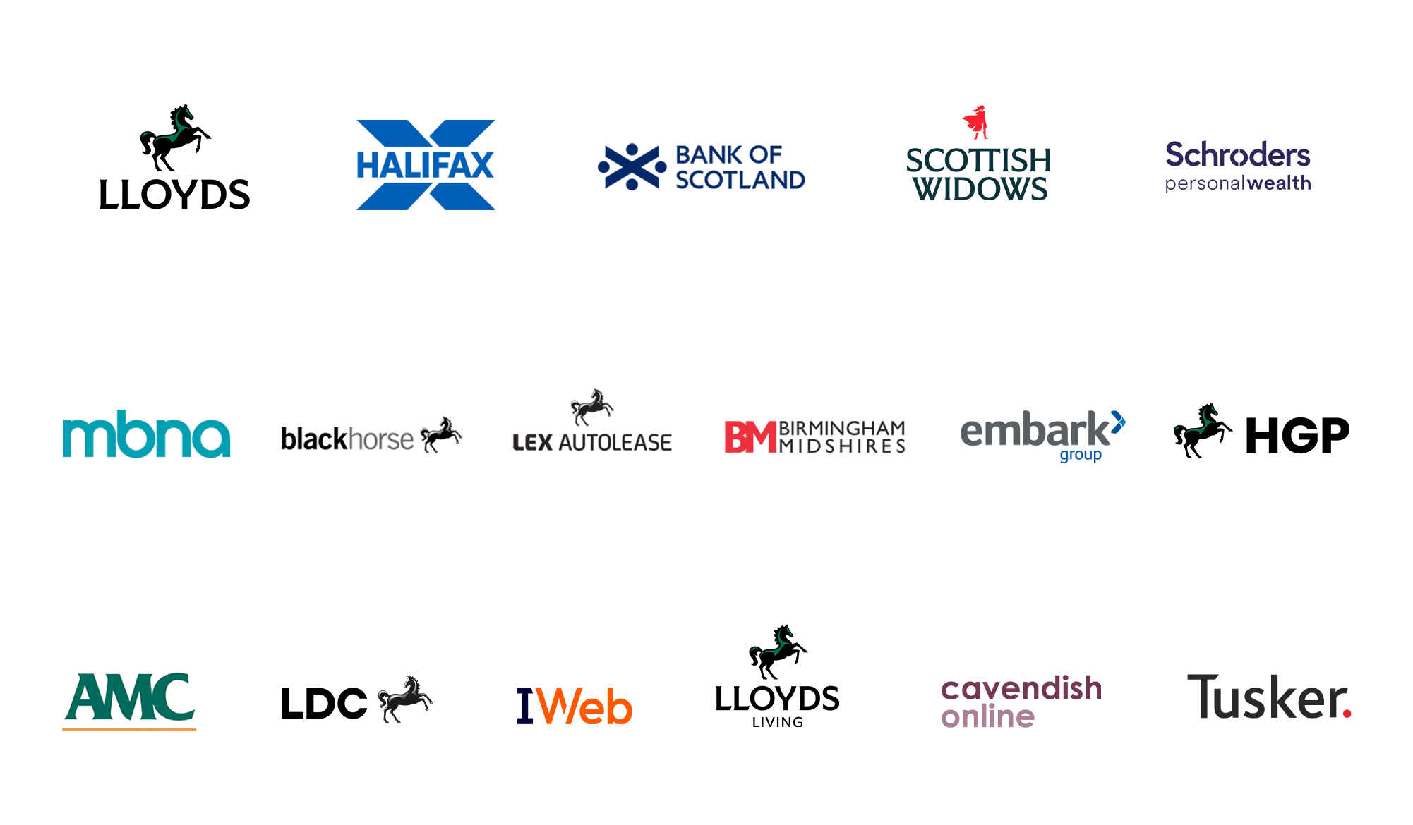 Brand logos for: Lloyds Bank, Halifax, Bank of Scotland, Scottish Widows, Schroders, MBNA, Black Horse, Lex Autolease, Birmingham Midshires, Embark Group, AMC, LDC, IWeb, Citra, Cavendish Online and Tusker. 