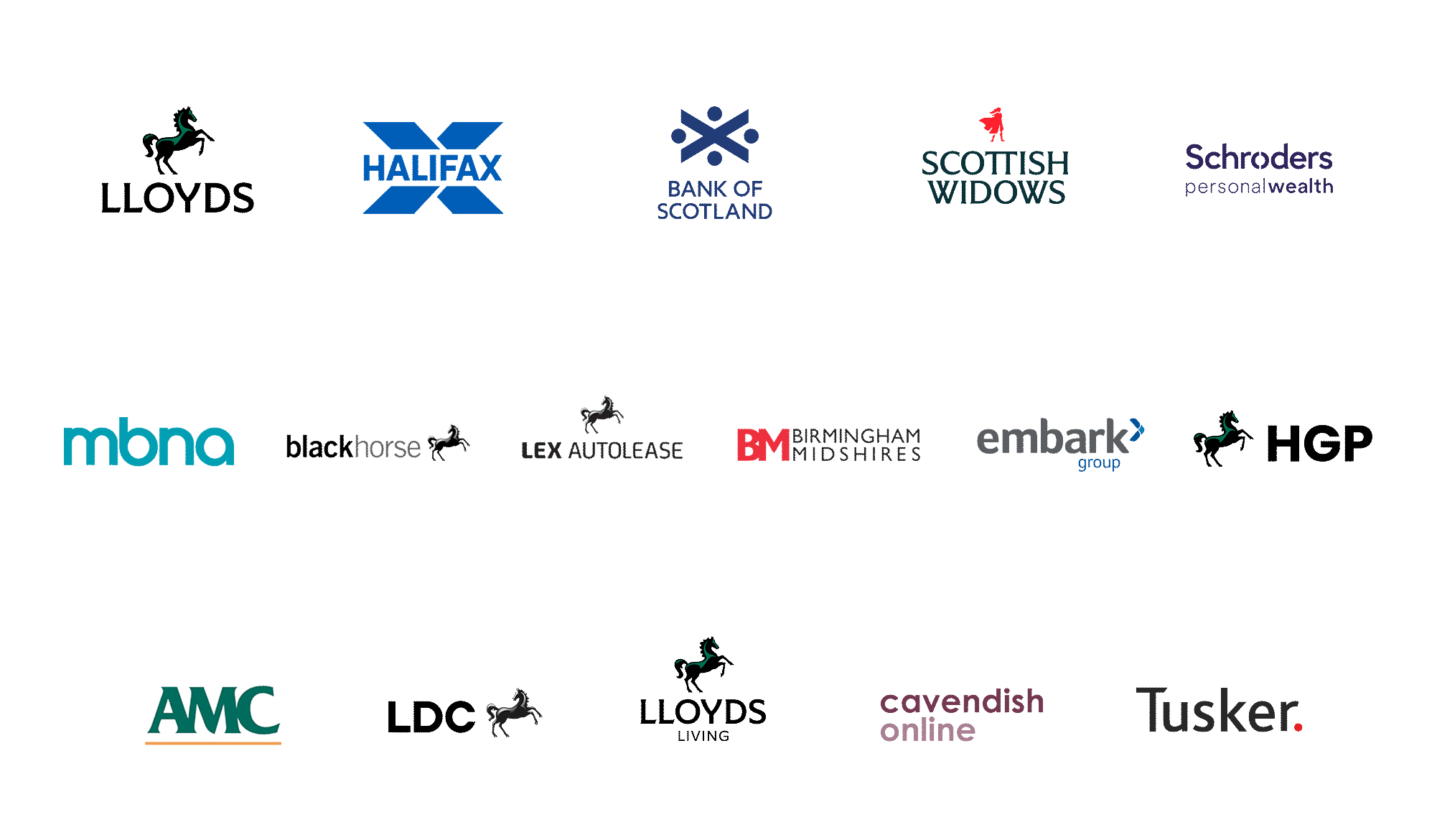 Brand logos for: Lloyds Bank, Halifax, Bank of Scotland, Scottish Widows, Schroders Personal Wealth, MBNA, Black Horse, Lex Autolease, Birmingham Midshires, Embark Group, HGP, AMC, LDC, Lloyds Living, Cavendish Online and Tusker. 