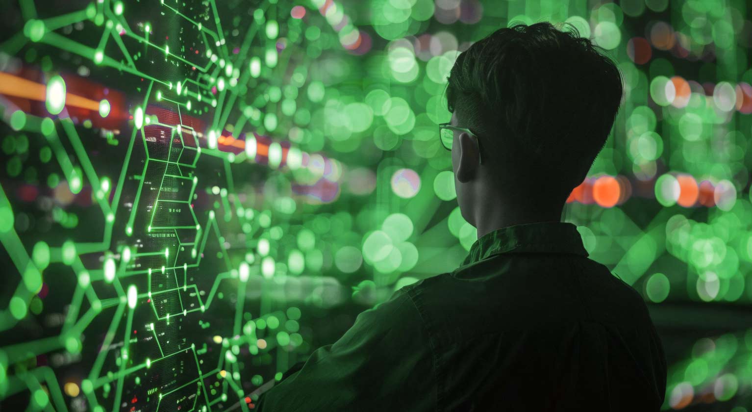 Man looking at complex computer screen