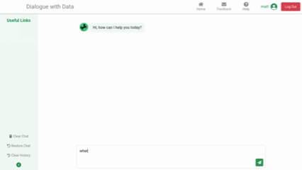 Animated screenshot of the Dialogue with Data interface. Shows a chat window with a greeting message and partial user input “whe” in progress.