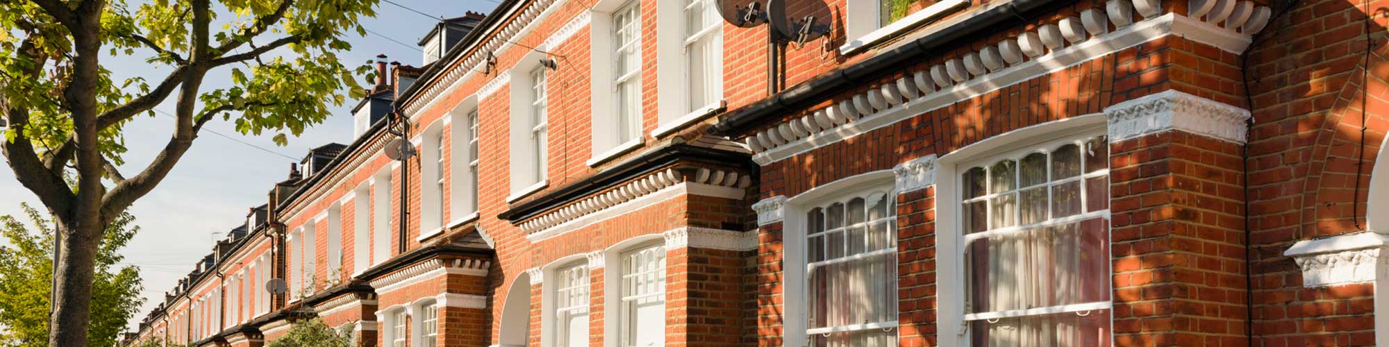 A row of neat looking terrace houses line a sunny, tree-lined street