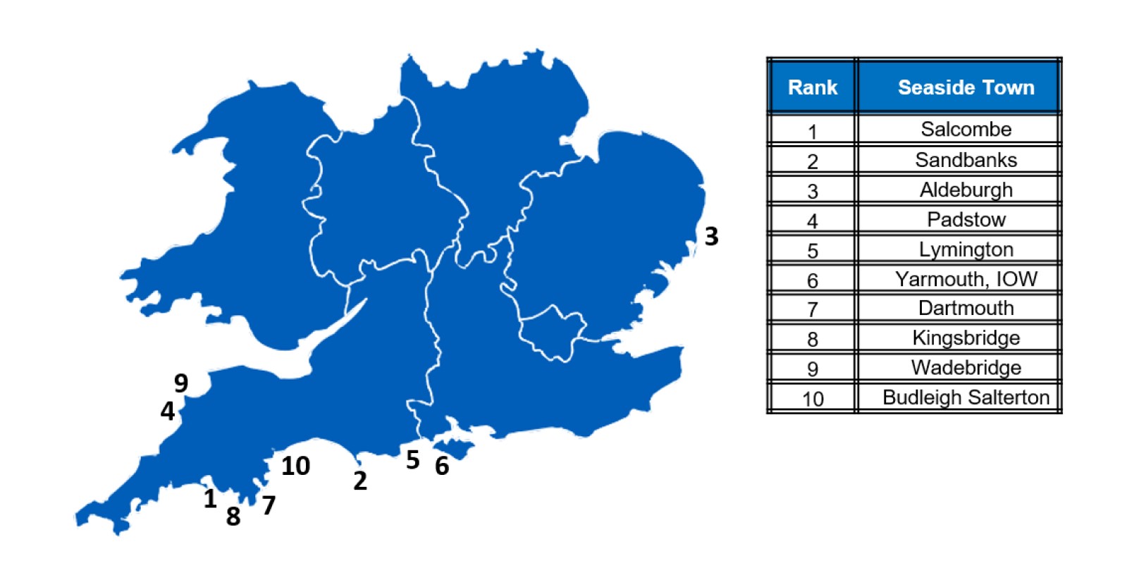 Map of Britain with most expensive seaside towns listed in table