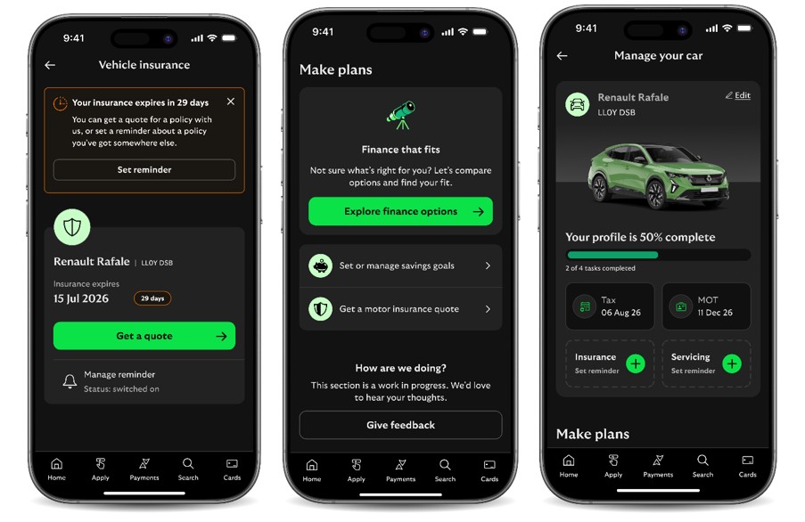 Three smartphone screens displaying a banking app with vehicle insurance reminders, finance comparison tools and car management dashboard.