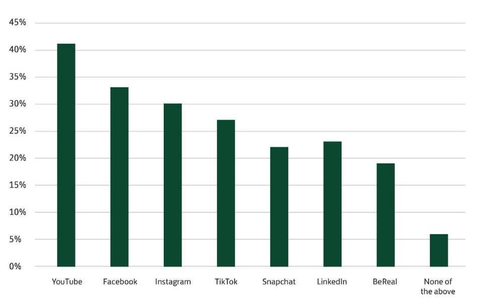 Graph showing children's preferred online resources in order: YouTube, Facebook, Instagram, TikTok, Snapchat, LinkedIn, BeReal, None of the above