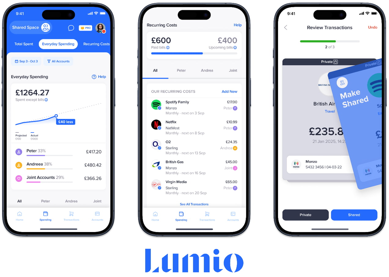 Three phone screen shots showing examples of the app interface