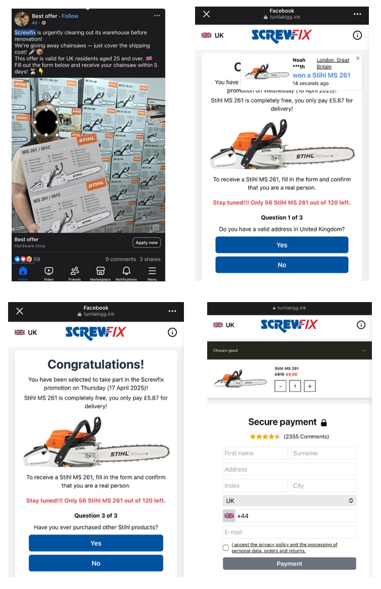 Examples of fake adverts on social media