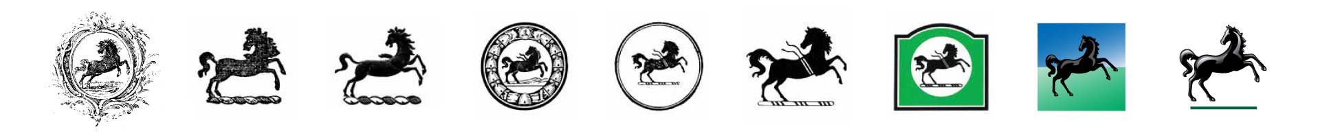9 Lloyds Bank logos which show how they've evolved over the years. The Black Horse is consistant in all logos.