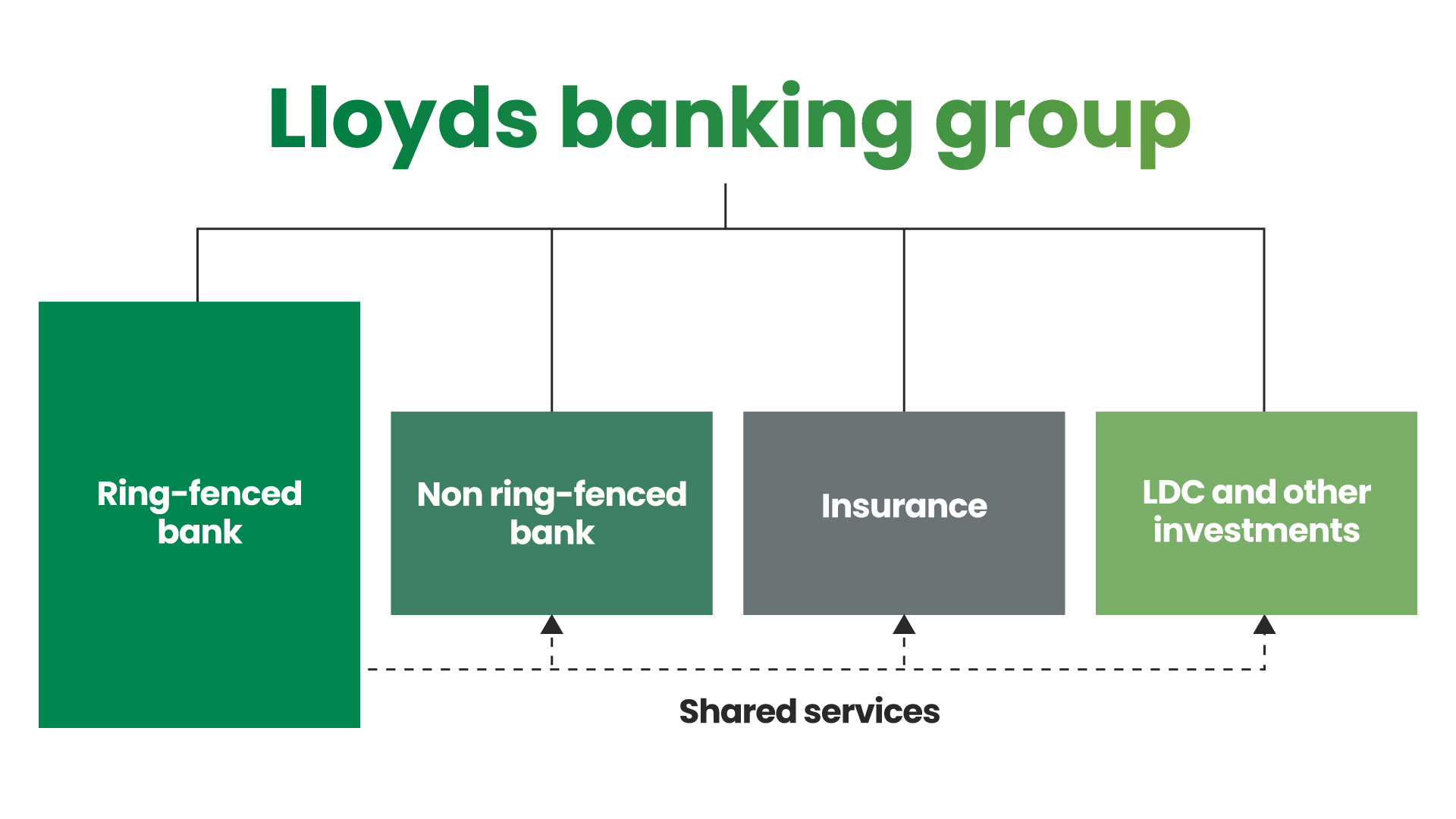 Structure chart shows Lloyds Banking Group as the parent company, with these four beneath: 

Ring-fenced bank
Non ring-fenced bank
Insurance
LDC and other investments