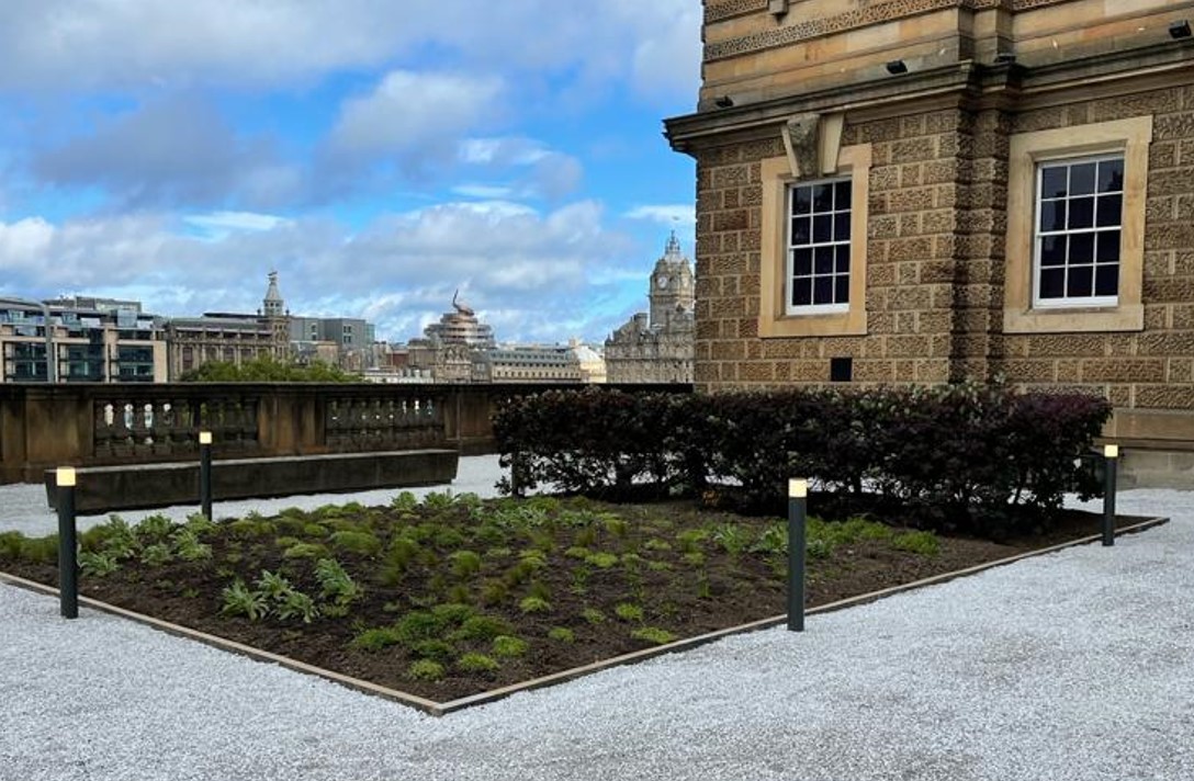 A large newly-planted flower bed outside The Mound office building in Edinburgh.