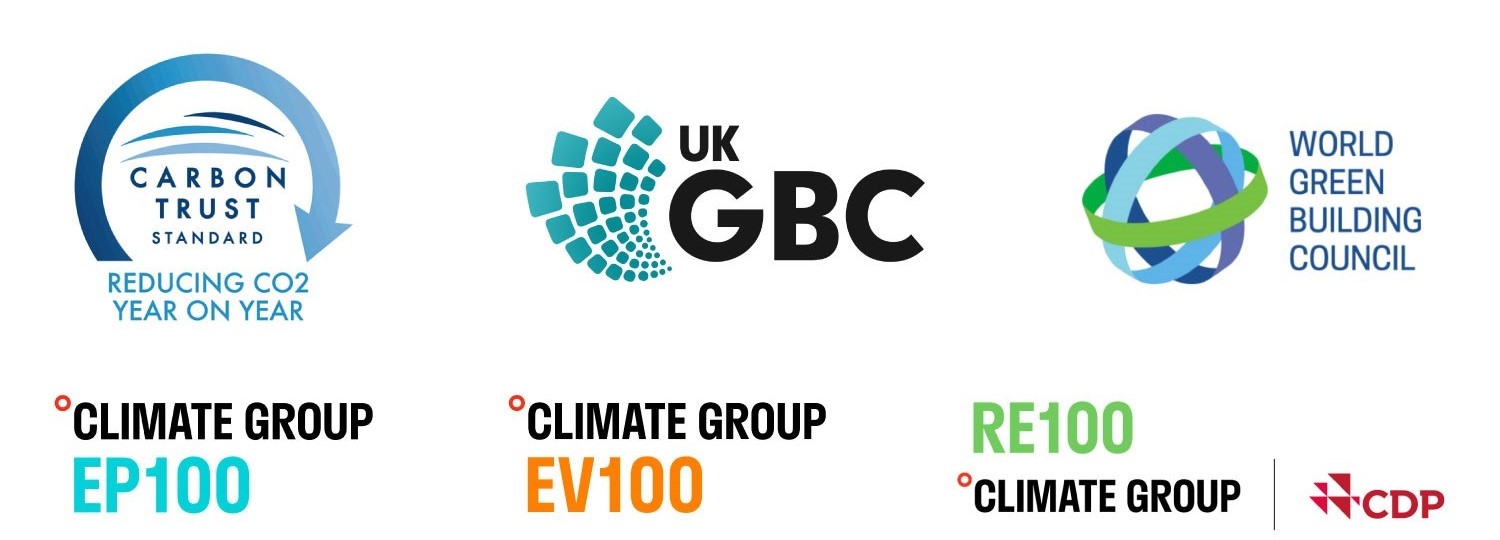 Logos for the Carbon Trust Standard: reducing CO2 year on year; UK Green Buildings Council; World Green Building Council; and the Climate Group's EP100, EV100 and RE100.