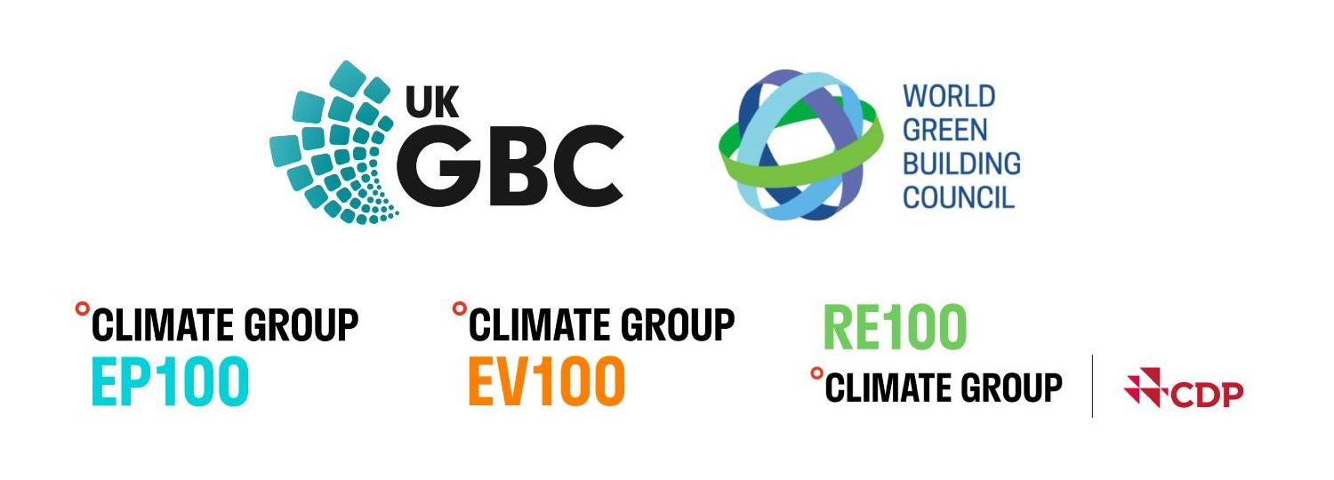 Logos for the UK Green Buildings Council; World Green Building Council; and the Climate Group's EP100, EV100 and RE100.