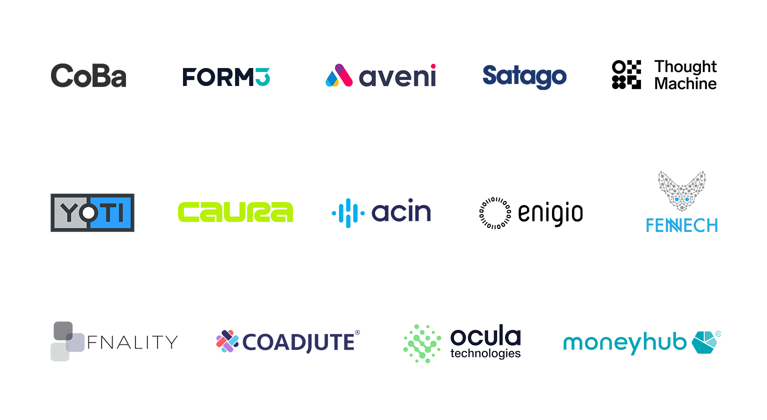 CoBa logo, Form3 logo, Aveni logo, Satago logo, Thought Machine logo, Yoti logo, Caura logo, Acin logo, Enigio logo, Fennech logo, Fnality logo, CoadJute logo, Ocula logo, Moneyhub logo. 